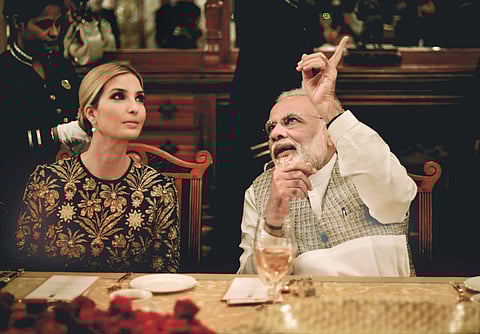 Indian PM Modi hosting Ivanka Trump, daughter and advisor of US President Donald Trump at Faluknama Palace in Hyderabad.(Photo | PTI )