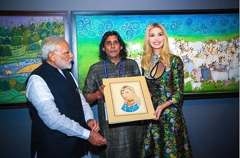 The eighth Global Entrepreneurship Summit 2017 at Hyderabad is coming to an end with today being the last day of the summit. Advisor Ivanka Trump was presented with a portrait during her time at GES2017 earlier this week.  (Photo: Twitter/GES2017)