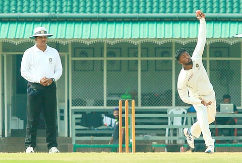 Kerala left-arm spinner Akshay K C in action against Jammu and Kashmir at the KCA - St Xavier's College Ground in Thumba on Saturday. | Express Photo Service
