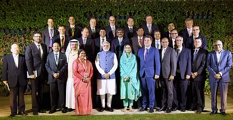 Prime Minister Narendra Modi with the Global CEOs of the Food Processing Sector as part of the ongoing World Food India event in New Delhi on Friday. Union Minister for Food Processing Industries Harsimrat Kaur Badal and MoS for Food Processing Industries