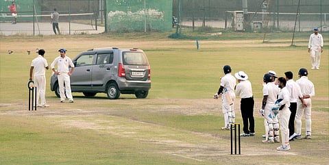 An intruder drove his car onto the pitch during the Ranji Trophy match between Delhi and Uttar Pradesh.|PTI