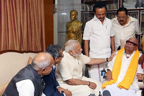Prime Minister Narendra Modi today briefly met ailing DMK supremo Karunanidhi at his Gopalapuram residence in Chennai. The PM is on a day's visit to the city to attend two private functions. Tamil Nadu Governor Banwarilal Purohit and DMK Working President