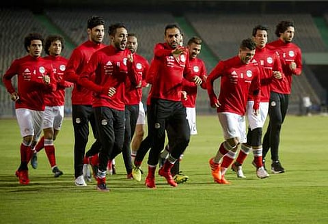 Players of the Egyptian national soccer warm up, during training at Cairo stadium, Monday, Nov. 6, 2017. | AP