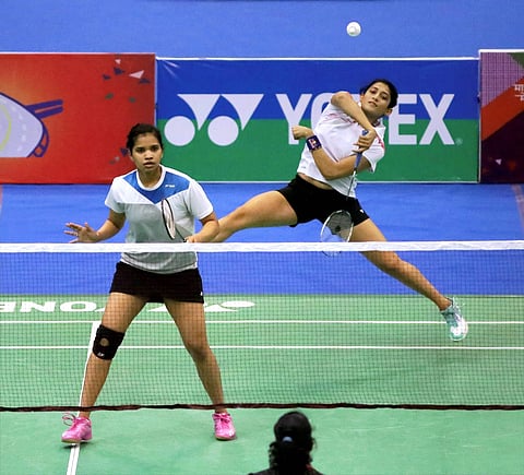 Ashwini Ponnappa and Satvik Sai Raj in action against Sanyam Shukla and Sanyogita Ghorpade in women's doubles semifinal match at 82nd Senior National Badminton Championship 2017 in Nagpur on Tuesday. | PTI