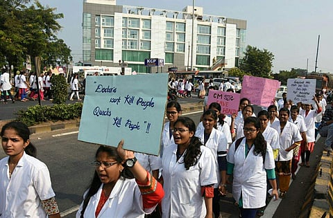 The doctors in Karnataka are demanding the rollback of the Karnataka Private Medical Establishment Bill 2017, which seeks uniformity in rates, transparency and accountability. (Photo: EPS | P Ravindra Babu)