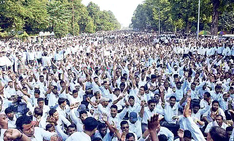 Thousands of teachers staging protest along the Mahatma Gandhi Marg demanding hike in grade pay, in Bhubaneswar on Wednesday| Express