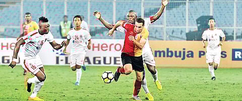 Mahmoud Al-Amna (centre) followed manager Khalid Jamil from Aizawl to join Kolkata giants East Bengal in the I-League. | File Photo