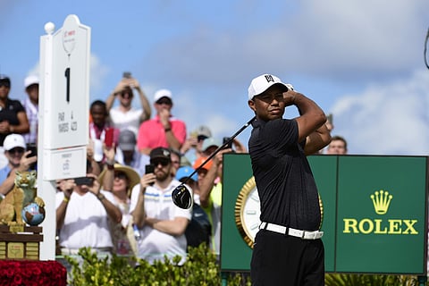 Tiger Woods tees off on the first hole at the Hero World Challenge golf tournament at Albany Golf Club in Nassau, Bahamas, Thursday, Nov. 30, 2017. | AP