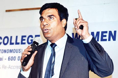 Kiruba Shankar, CEO of Business Blogging, speaking during the inauguration of the  two-day entrepreneurship summit, Ignite 2017, at MOP Vaishnav College | D SAMPATH KUMAR