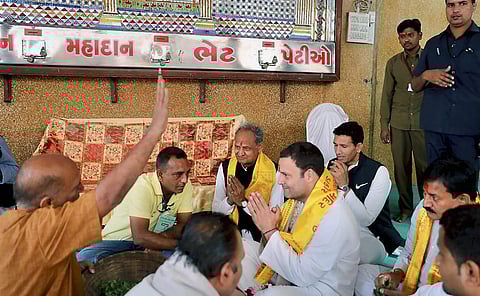 Congress Vice President Rahul Gandhi offers puja at Ranchhodji Temple Dakor district Kheda Gujarat on Sunday. (PTI)