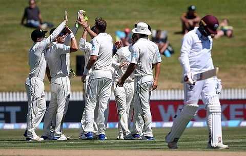 New Zealand players celebrate the wicket of West Indies' Raymon Reifer (R) during day four of the second Test cricket match between New Zealand and the West Indies at Seddon Park in Hamilton on December 12, 2017. (Photo | AFP)