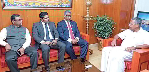 (From left) Jayaprakash A, Advisor to Consul of Sri Lanka to Kerala, Joemon Joseph, Consul of  Sri Lanka to Kerala, and Faiszer Musthapha, Minister of Provincial Councils and Local Government, Govt of Sri Lanka, meeting Chief Minister Pinarayi Vijayan
