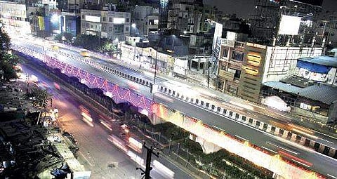 Basheerbagh flyover decked up with lights in Hyderabad on Wednesday ahead of the World Telugu Conference | Sathya Keerthi
