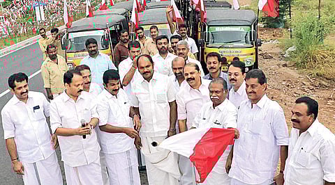 KC (M) general secretary and Joy Abraham MP flagging off the declaration rally organised by KTUC(M) in Kottayam on Wednesday | Express