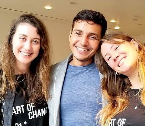 Erica Johnson, Maskbook programme director; Afroz Shah, patron, India; Marguerite Courtel, secretary general