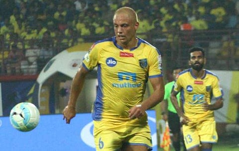 Kerala Blasters FC's Wes Brown in action during the Indian Super League match against NorthEast United at Kochi. (Express Photo Service | Melton Antony)