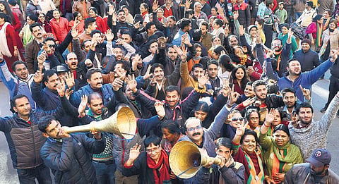 BJP supporters celebrate party’s victory in the Himachal Pradesh Assembly  elections in Shimla on Monday | PTI