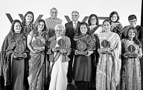 Devi Award winners with Prabhu Chawla, Editorial Director of The New Indian Express, and Union Home Minister Rajnath Singh in New Delhi on Monday| Shekhar Yadav