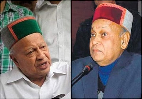 Congress' Virbhadra Singh (left) and BJP's Prem Kumar Dhumal (right). | File Photos