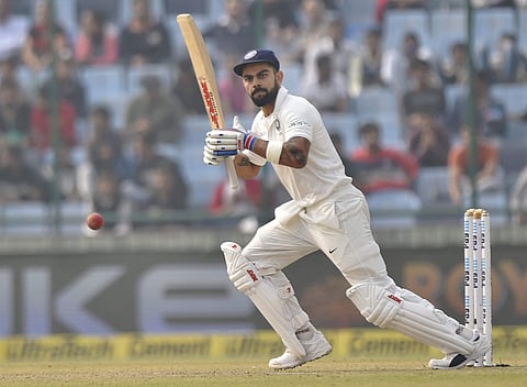 Virat Kohli plays a shot against Sri Lanka during the first day of the third cricket test match at Feroz Shah Kotla in New Delhi.|PTI