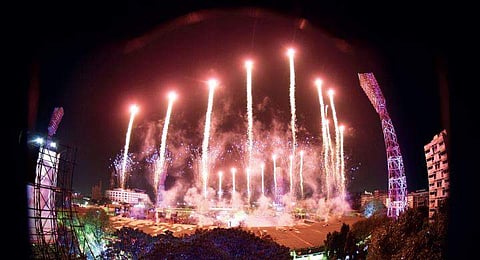 Crackers being lit at the valedictory programme of World Telugu Conference at LB Stadium held in Hyderabad on Tuesday