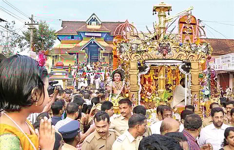 In this December 23, 2016 file photo, Thanka anki procession being taken out from the East Fort of Aranmula Lord Parthasarathi temple.