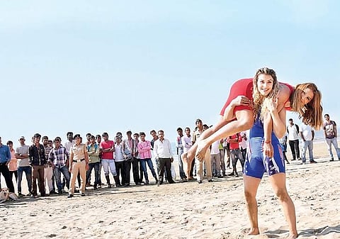Helen Maroulis (in blue) during a promotional event in Mumbai on Thursday