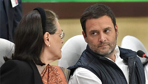 Congress President Rahul Gandhi with his mother and former president, Sonia Gandhi at the Congress Working Committee meeting in New Delhi. (PTI)