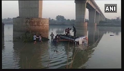 32 people dead, 24 injured after a bus carrying passengers fell of a bridge into a river in Sawai Madhopur's Dubi in Rajasthan (Twitter photo | ANI)
