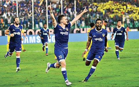 Chennaiyin’s Rene Mihelic celebrates after scoring from the spot against Kerala Blasters at the JN Stadium in Chennai on Friday. The match ended 1-1 | Sunish P Surendran