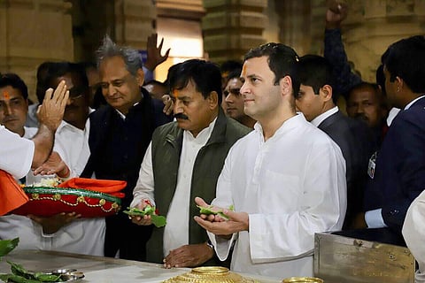 Congress President Rahul Gandhi offering prayer at the Somnath Temple in Gujarat on Saturday. (Photo | PTI)