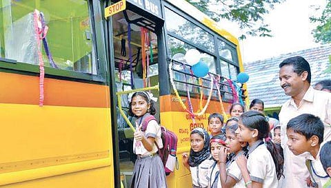 ‘Letter-writer’ Divya boards the bus allocated to the Oorootambalam LP School on Friday | Express
