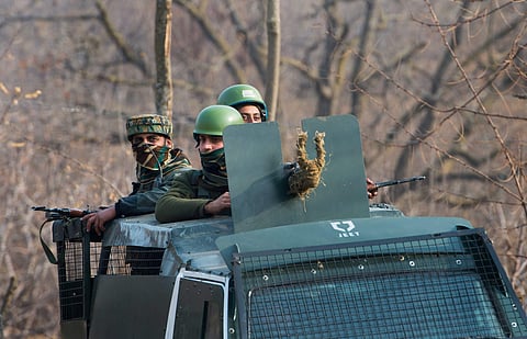 Security personnel leaving after an encounter with the militants in Kashmir (File | PTI)
