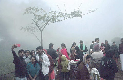 Tourists pose for a selfie at Lambsingi where the temperature dipped to three degree Celsius on Sunday;