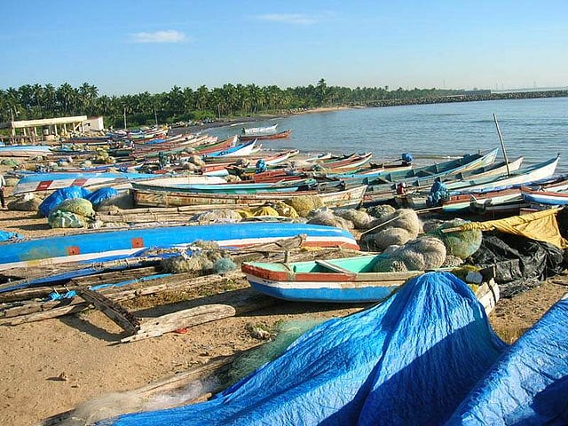 In this December 26, 2007 photo,country boats were lying idle at Arokiapuram  near Kanyakumari as fishermen did not venture into the sea. (Express Photo)