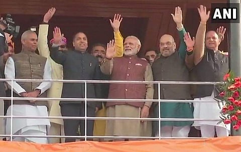 PM Narendra Modi and BJP President Amit Shah with Himachal Pradesh CM, in Shimla. (ANI)