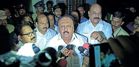 Former Transport Minister Thomas Chandy, who was caught in the eye of a storm over alleged encroachments, speaking to reporters on November 14, a day before his resignation from the LDF Government's Cabinet