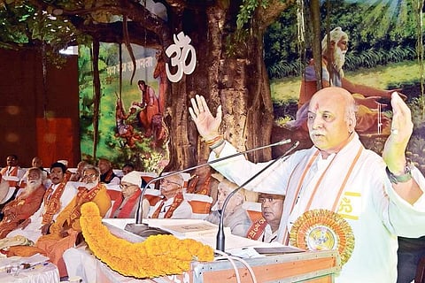 VHP’s international working president Praveen Tagadia addressing the International Board of Trustees and Executive meet of VHP in Bhubaneswar on Wednesday | Express