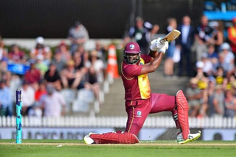 West Indies batsman Ashley Nurse plays a shot during the first Twenty20 international cricket match between New Zealand and the West Indies at Saxton Oval in Nelson. | AFP