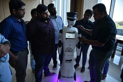 A life-sized robot, claimed to be the world's first smart policing robot, was launched in Hyderabad city on Friday. (Express Photo Service | R Satish Babu)