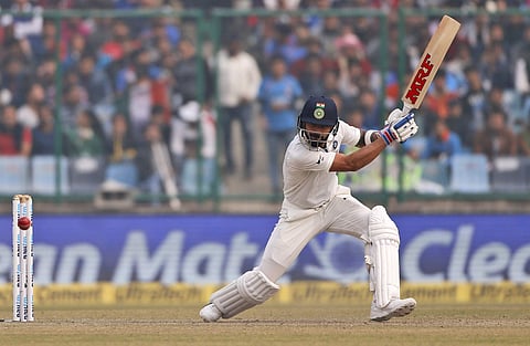 India's captain Virat Kohli plays a shot during the second day of their third Test match against Sri Lanka in New Delhi, India, Sunday, Dec. 3, 2017. | AP