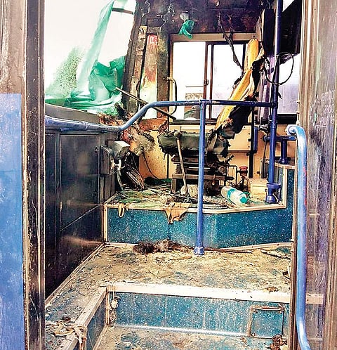 The charred IndiGo passenger bus that caught fire at the airport in the city on Friday | PTI