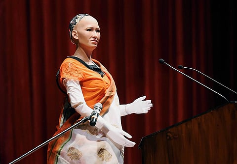World's first robot citizen Sophia makes an appearance at the TechFest 2017 in Indian Institute of Technology Bombay IIT-B in Mumbai on Saturday. | PTI
