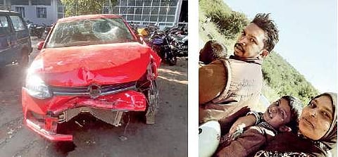 The car, which was driven by a drunk techie, after the accident. Victim Dastgir is seen with his wife in this file photograph | Express