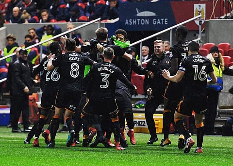 Wolverhampton Wanderers celebrate their win over Bristol City. (Photo | Ruben Neves Twitter)