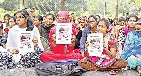 Osmania University students stage protest in Hyderabad on Monday against the suicide of a student on the campus | Sathya Keerthi