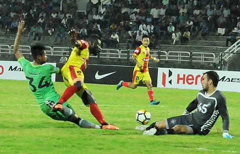 Kamo Bayi put the home team ahead in the 21st minute, but Chennai cancelled out the advantage through French forward Jean-Michael Joachim six minutes later. | (A Sanesh | EPS)
