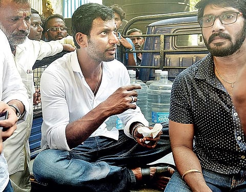 Actor Vishal outside the nomination center in Tondiarpet on Monday | D Sampath Kumar
