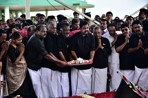 Chief Minister of Tamil Nadu, Palaniswami and his deputy Panneerselvam, placed a wreath at the memorial. (EPS | P Jawahar)