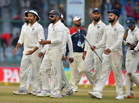 Indian team members walk off the filed after the third cricket test match against Sri Lanka at Ferozshah Kotla in New Delhi. (Photo | PTI)